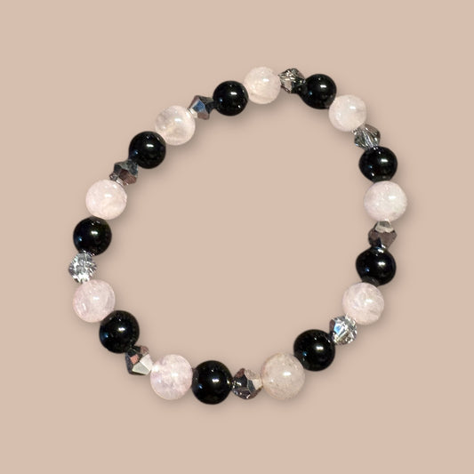 Bracelet quartz rose, cristal tchèque et jaspe noir