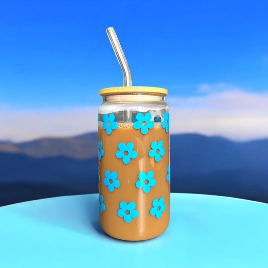 Verre 16 oz - petites fleures bleue
