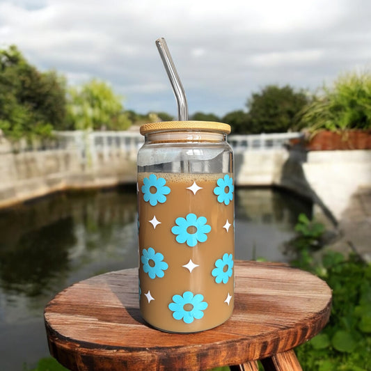 Verre 16 oz - fleures bleue et étincelles