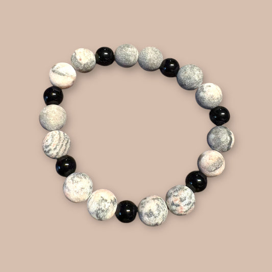 Bracelet jaspe zebra rose et obsidienne